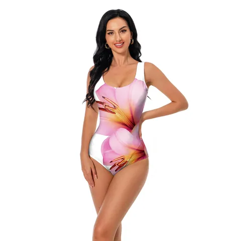 Women One Piece Swimsuit Lily Floral Print U Neck Slim Fit Padded Bathing Suit For Beach Vacation Surf Wear Stretchy