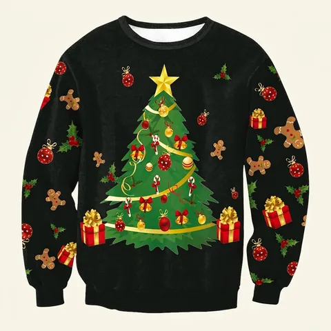 Women's Casual Christmas Print Sweatshirt Long Sleeve Crewneck Loose Pullover Polyester Spandex Festive Holiday Tree Top