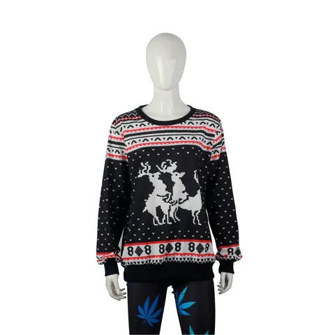 Women Funny Ugly Christmas Sweater Reindeer Print Round Neck Pullover Long Sleeve Casual Polyester Sweatshirt Top