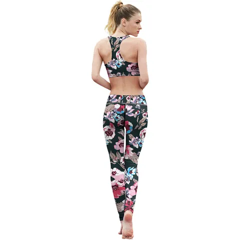Ropa Deportiva de Yoga con Estampado Floral para Mujer Top Y Parte Inferior Leggings de Cintura Alta Transpirables Fitness Gimnasio