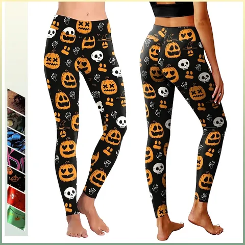 Leggings d'Halloween pour Femmes Taille Haute Impression Numérique Coupe Slim Pantalon de Yoga Extensible Citrouille Squelette Fête Sport