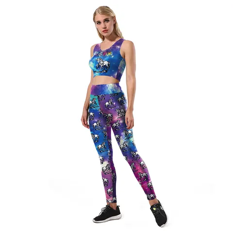 Women's Galaxy Unicorn Printed Yoga Set Top And Bottom High Waist Leggings Crop Top Vest Activewear Sports Suit