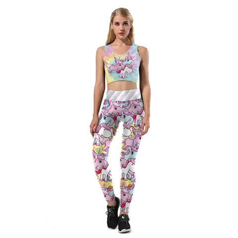 Damen Einhorn Druck Batik Yoga Weste Und High Waist Leggings Sportoutfit Slim Fit Workout Set