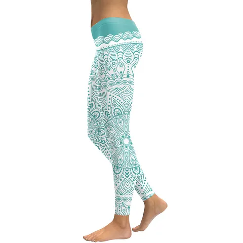 Women High Waisted Mandala Print Yoga Pants Stretchy Tummy Control Leggings Polyester Spandex Slim Fit Sports Workout Tights