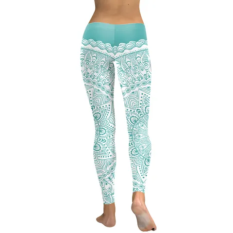 Women High Waisted Mandala Print Yoga Pants Stretchy Tummy Control Leggings Polyester Spandex Slim Fit Sports Workout Tights