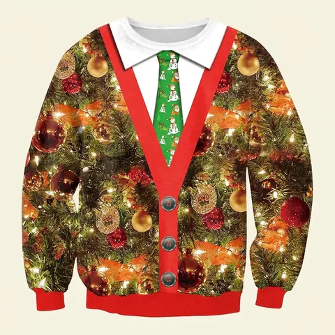 Sweat-shirt de Noël Moche pour Femmes Impression Numérique Col Rond Fausse Cravate Cardigan Manches Longues Pullover