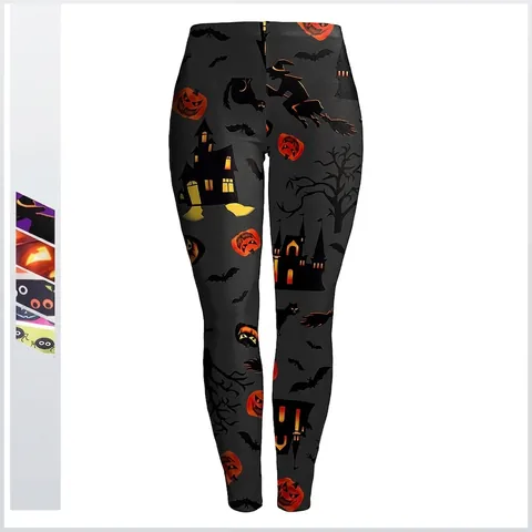 Damen Halloween Bedruckte Leggings Hohe Taille Elastische Schlankheits Yoga Hose Mit Kürbis Hexe Fledermaus Schloss Mustern