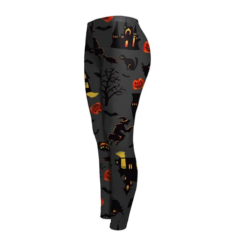 Damen Halloween Bedruckte Leggings Hohe Taille Elastische Schlankheits Yoga Hose Mit Kürbis Hexe Fledermaus Schloss Mustern