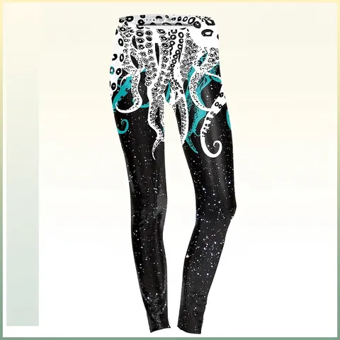 Damen Yoga Leggings Hohe Taille Oktopustentakel Galaxie-Druck Elastisch Slim Fit Sport Gym Laufhose