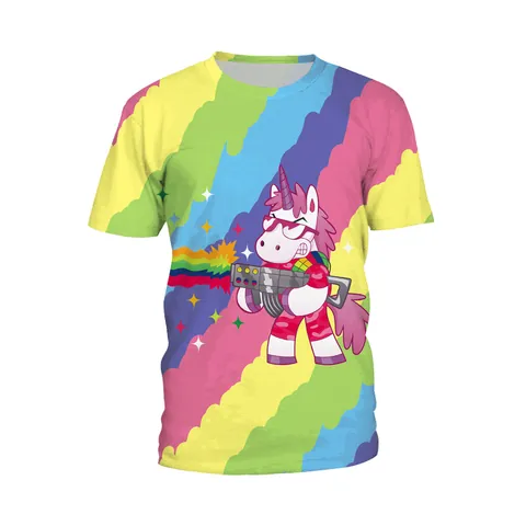 Women Summer Rainbow Unicorn Print T-Shirt Loose Casual Crew Neck Short Sleeve 3D Digital Printed Top Streetwear Tee
