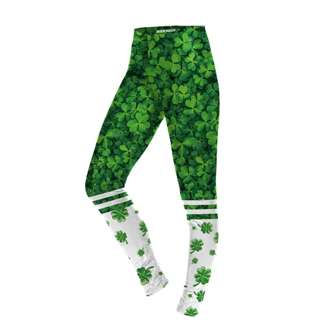St Patrick's Day Shamrock Clover Print High Waist Leggings For Women Green White Sporty Yoga Pants Slim Fit Leggings