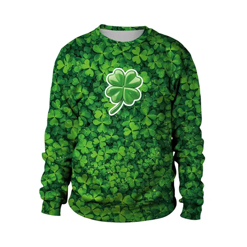Women St. Patrick's Day Sweatshirt Novelty 3D Printed Shamrock Clover Long Sleeve Crewneck Pullover Festive Party Clothing Top
