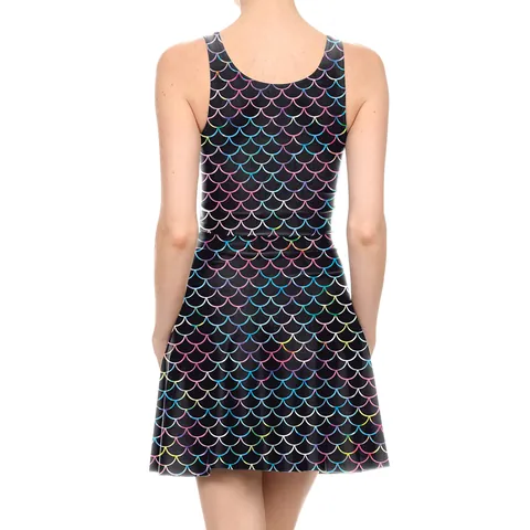 Women's Sleeveless Mermaid Fish Scale Print Mini Dress Rainbow Gradient 3D Digital Printed Pleated A-Line Slim Fit Party Dress