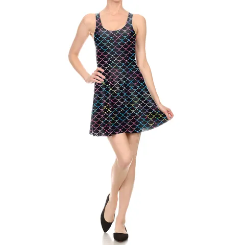 Women's Sleeveless Mermaid Fish Scale Print Mini Dress Rainbow Gradient 3D Digital Printed Pleated A-Line Slim Fit Party Dress
