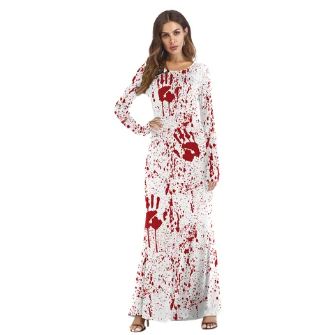 Women Halloween Horror Blood Handprint Pumpkin Print Long Sleeve Slim Maxi Dress Cosplay Party Costume Polyester Spandex