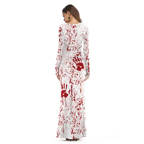 Women Halloween Horror Blood Handprint Pumpkin Print Long Sleeve Slim Maxi Dress Cosplay Party Costume Polyester Spandex