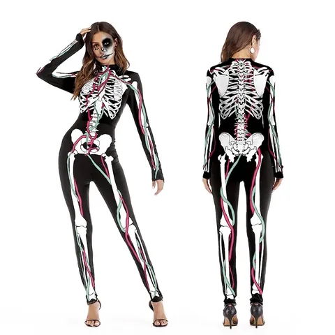 Women's Halloween Skeleton Print Jumpsuit Long Sleeve Slim Fit Spandex Bodysuit Horror Cosplay Party Performance Costume