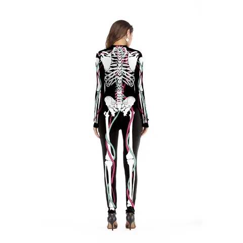 Women's Halloween Skeleton Print Jumpsuit Long Sleeve Slim Fit Spandex Bodysuit Horror Cosplay Party Performance Costume