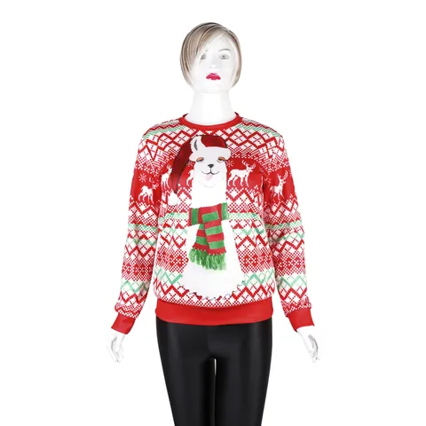 Women Christmas Llama Printed Sweatshirt Round Neck Long Sleeve Red Ugly Sweater Reindeer Snowflake Pattern Casual Pullover Top