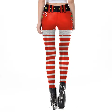 Leggings da Donna con Stampa di Babbo Natale a Vita Alta a Strisce Rosse e Bianche Pantaloni a Matita Elastici Sportivi per Festa di Natale