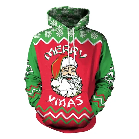 Women Christmas Santa Print Hooded Hoodie Merry Xmas Snowflake Long Sleeve Casual Pullover Sweatshirt Kangaroo Pocket Top