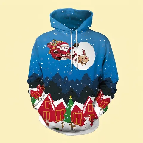 Women's Christmas Hoodie Santa Claus Reindeer Digital Print Hooded Sweatshirt Casual Polyester Blend Pullover Holiday Party Top