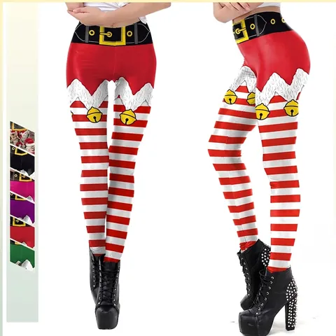 Leggings de Navidad para Mujer con Estampado de Elfo a Rayas Pantalones Ajustados para Fiesta de Navidad Cintura Alta Pantalones Elásticos Impresión Digital Cosplay