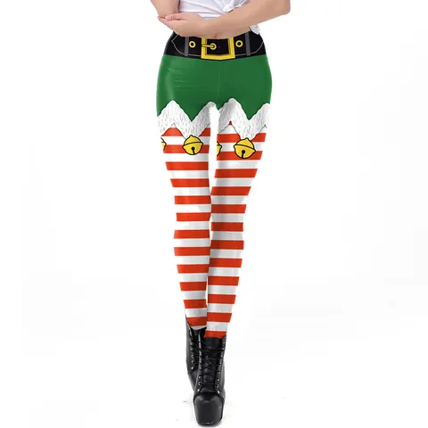 Leggings de Navidad para Mujer con Estampado de Elfo a Rayas Pantalones Ajustados para Fiesta de Navidad Cintura Alta Pantalones Elásticos Impresión Digital Cosplay