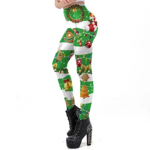 Women's Christmas Printed Leggings High Waist Elastic Slim Fit Tapered Pants Reindeer Santa Snowflake Pattern Holiday Party Wear