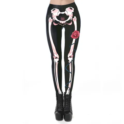 Pantaloni da Donna per Halloween con Stampa Scheletro e Rosa Leggings a Vita Alta Gothic Slim Fit Pantaloni Skinny Elastici Party Punk Moda