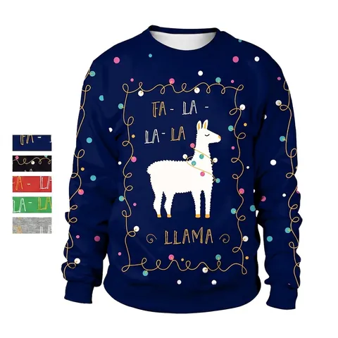 Women Christmas Llama Printed Sweatshirt Long Sleeve Round Neck Loose Pullover Festive Xmas Party Casual Polyester Tops