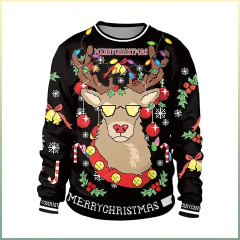 Felpa Casual da Donna a Maniche Lunghe Con Stampa Digitale di Renna di Natale Pullover a Girocollo per Festa Nero