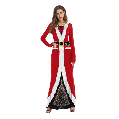 Women's Christmas 3D Santa Claus Print Long Sleeve Maxi Dress Slim Fit Polyester Spandex Holiday Party Costume Gown