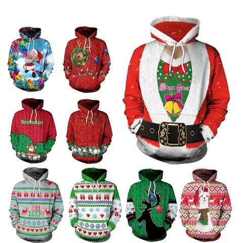 Sweat à Capuche de Noël pour Femmes Impression 3D Père Noël Renne Cordon de Serrage Pull Festif Fête Décontracté