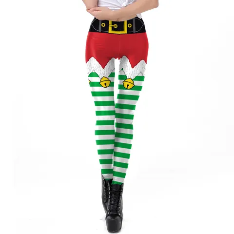 Women's Christmas Elf Printed Leggings High Waist Striped Festive Party Tight Pants Holiday Costume Slimming Yoga Leggings