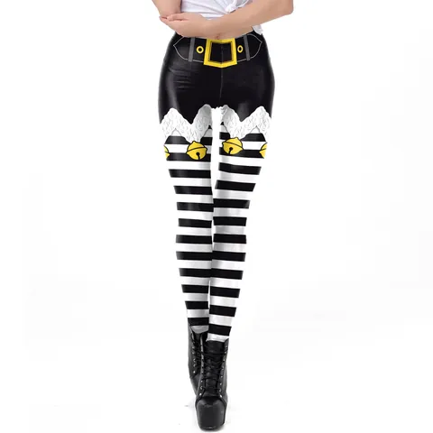 Women Christmas Elf Printed Leggings Polyester Spandex High Waist 3D Stripe Tights For Holiday Party Celebration Jewelry