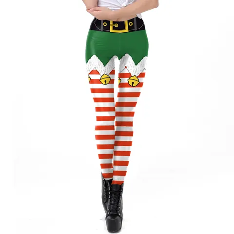 Feestelijke Dames Kerstmis Bedrukte Leggings Elf Gestreepte Strakke Broek Vakantie Feest Leggings Hoge Taille Elastische Broek Digitale Print Cosplay Broek