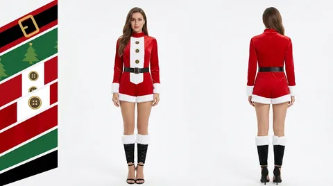 Women Christmas Santa Elf Cosplay Bodysuit Long Sleeve Skinny Jumpsuit Festive Holiday Party Performance Costume