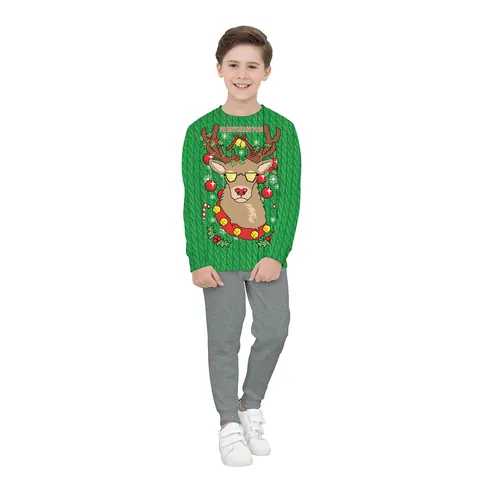 Kids Christmas Reindeer Pixel Print Long Sleeve Top and Pants Outfit Green Hoodie Sweatshirt Suit Holiday Party Casual Clothes