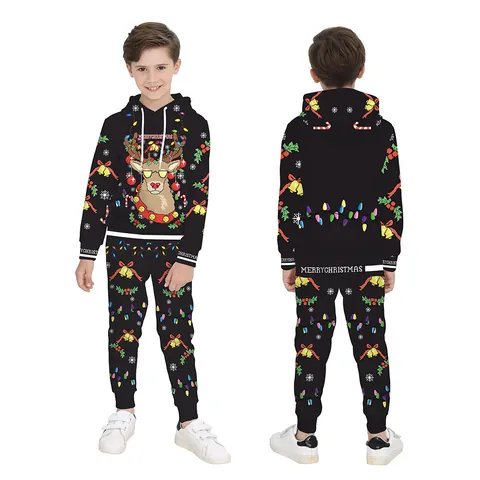 Kids Christmas Clothing Set 3D Llama Print Hooded Sweatshirt And Pants Two Piece Outfit For Boys Girls Festive Pajamas