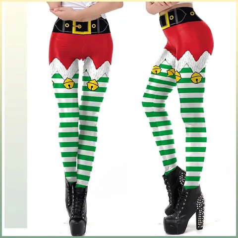 Dames Kerst Elf Bedrukte Leggings Polyester Spandex Hoge Taille 3D Gestreepte Panty Voor Kerstmis Feest Sieraden