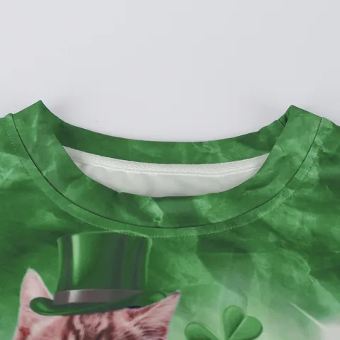 Women St Patrick Day Sweatshirt Green Crew Neck Long Sleeve Pullover Funny Cat Rainbow Shamrock Print Loose Festival Top