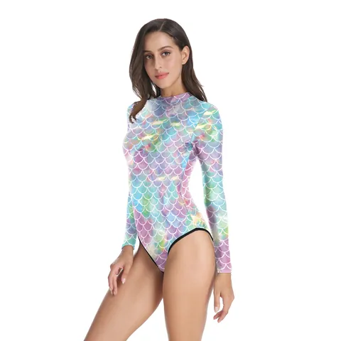 Women Long Sleeve One-Piece Swimsuit Rainbow Mermaid Scale Pattern High Neck Surfing Sporty Bodysuit With Back Zipper