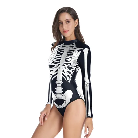 Damen Halloween Skelett Druck Langarm Bodysuit Stehkragen Badeanzug Aufführung Party Kostüm Polyester Elasthan Jumpsuit