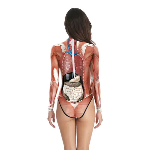 Women Long Sleeve Bodysuit Human Anatomy Print One Piece Swimsuit Party Cosplay Stretch Slim Fit Bodysuit Jumpsuit