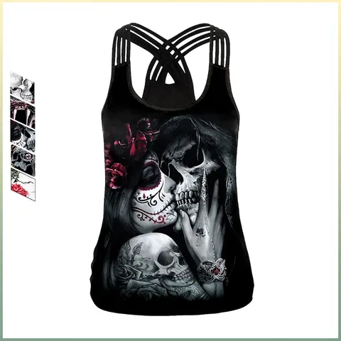 Damen Gothic Totenkopf Schlange 3D Druck Tank Top Überkreuzte Träger Überkreuzte Rückseite Ärmellos Halloween Punk Rock Weste