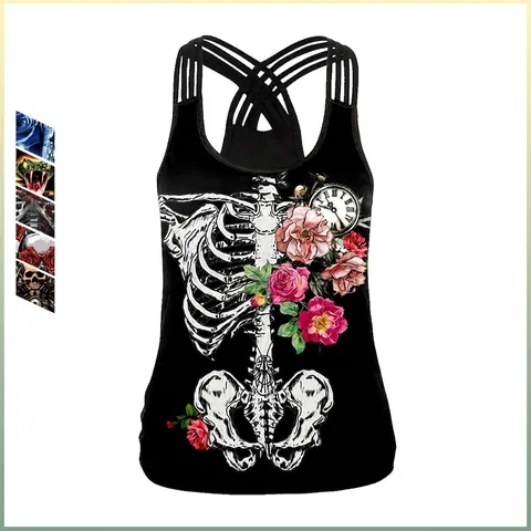 Camiseta de Tirantes Gótica para Mujer Esqueleto Rosa Correas Cruzadas Halter Poliéster Elastano Sexy Sin Espalda Fiesta Halloween