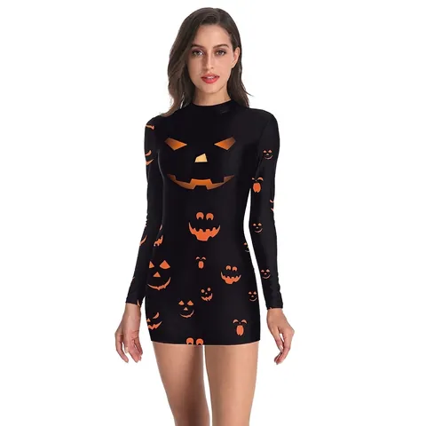 Abito da Donna Halloween con Stampa Zucca Manica Lunga Bodycon Mini Abito Zucca di Halloween Slim Fit Abito da Festa Cosplay