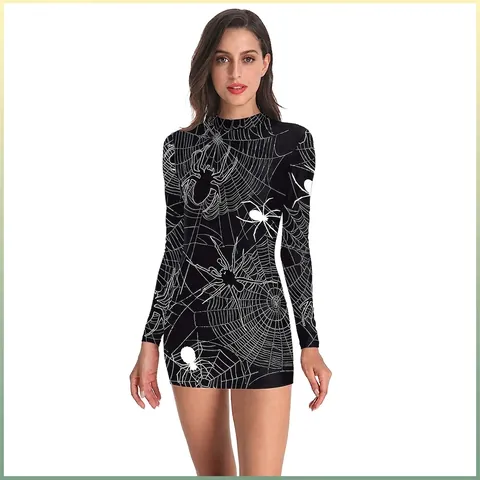 Damen Halloween Spinnennetz Druck Stehkragen Langarm Bodycon Mini Kleid Sexy Schlanke Passform Polyester Elasthan Kostüm Party Clubwear