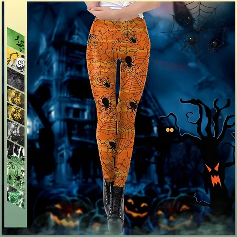 Leggings Stampati Halloween da Donna Zucca Scheletro Ragnatela Stampa Digitale Alta Elasticità Slim Gothic Yoga Pantaloni Festa